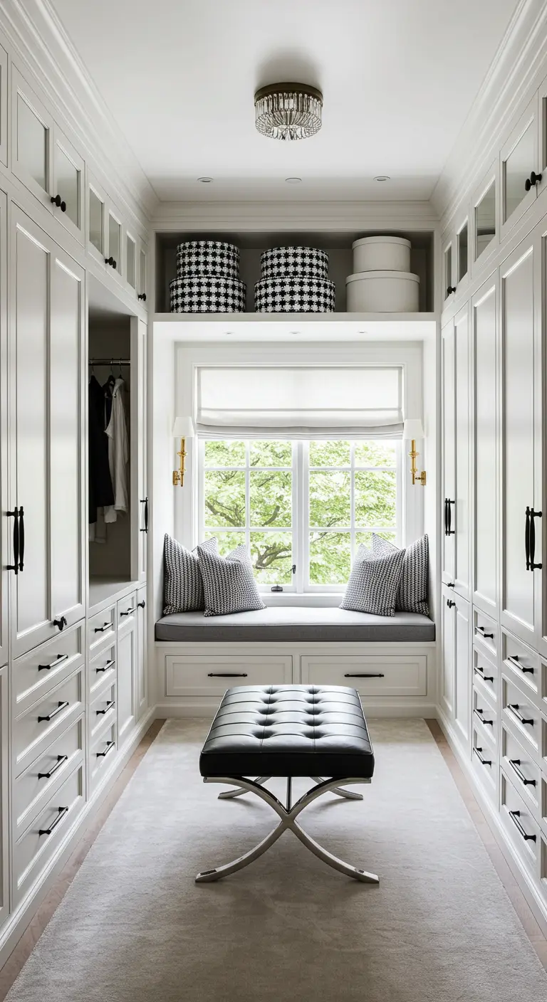 Dressing blanc avec une banquette intégrée sous une grande fenêtre.