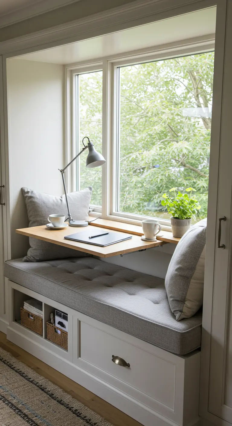 Banquette sous fenêtre avec une tablette rabattable servant de bureau.