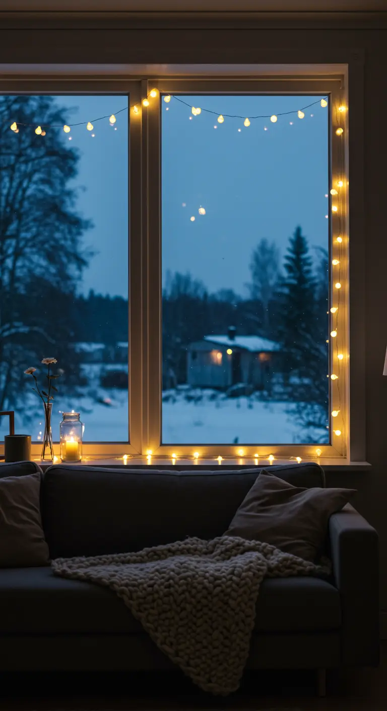 Guirlande lumineuse encadrant une fenêtre donnant sur un paysage enneigé.