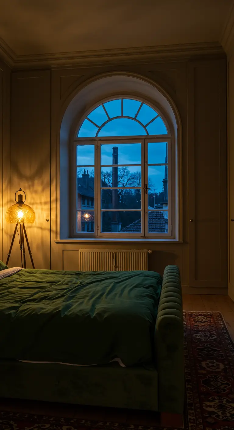 Chambre sombre avec une grande fenêtre cintrée illuminant un lit en velours vert.