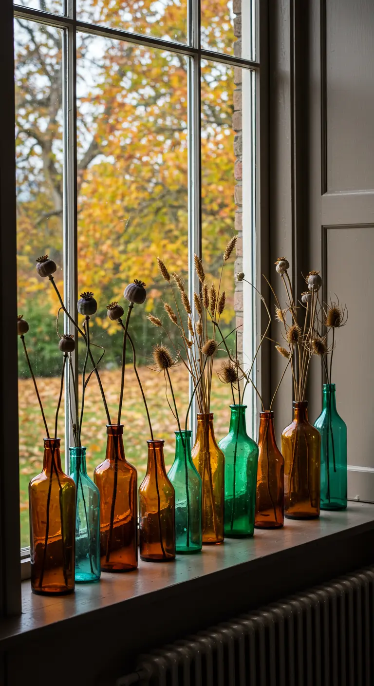 Collection de bouteilles en verre coloré avec des tiges de fleurs séchées sur un rebord de fenêtre.