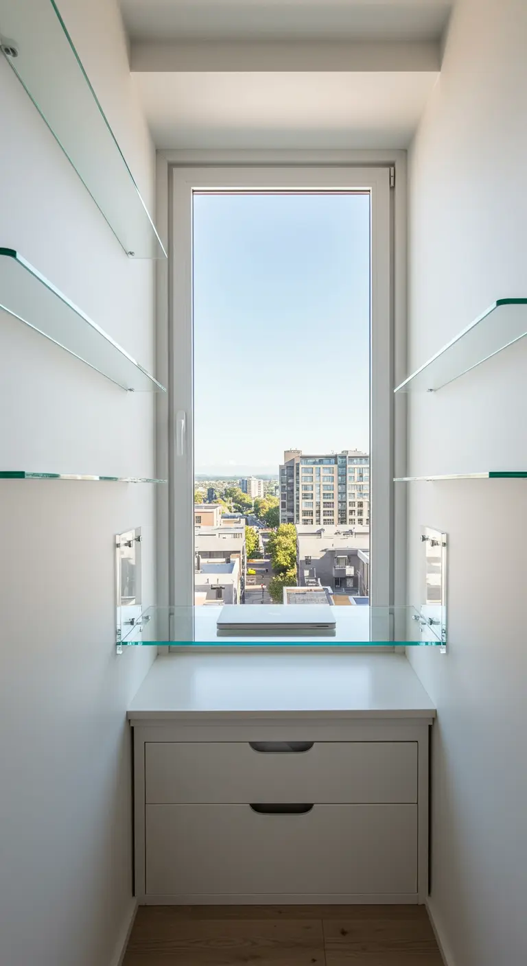 Bureau blanc intégré dans une alcôve de fenêtre avec des étagères en verre.