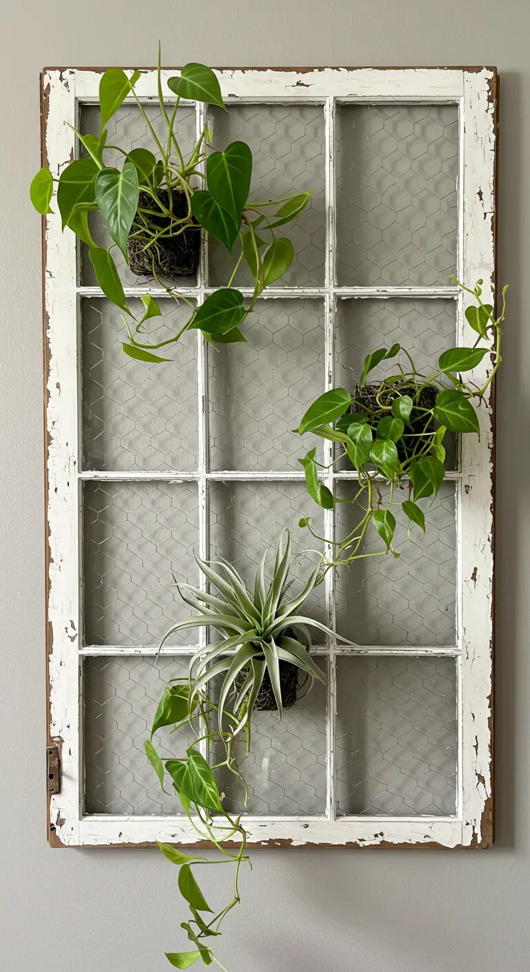 Un vieux cadre de fenêtre blanc avec du grillage, servant de support à des plantes suspendues.