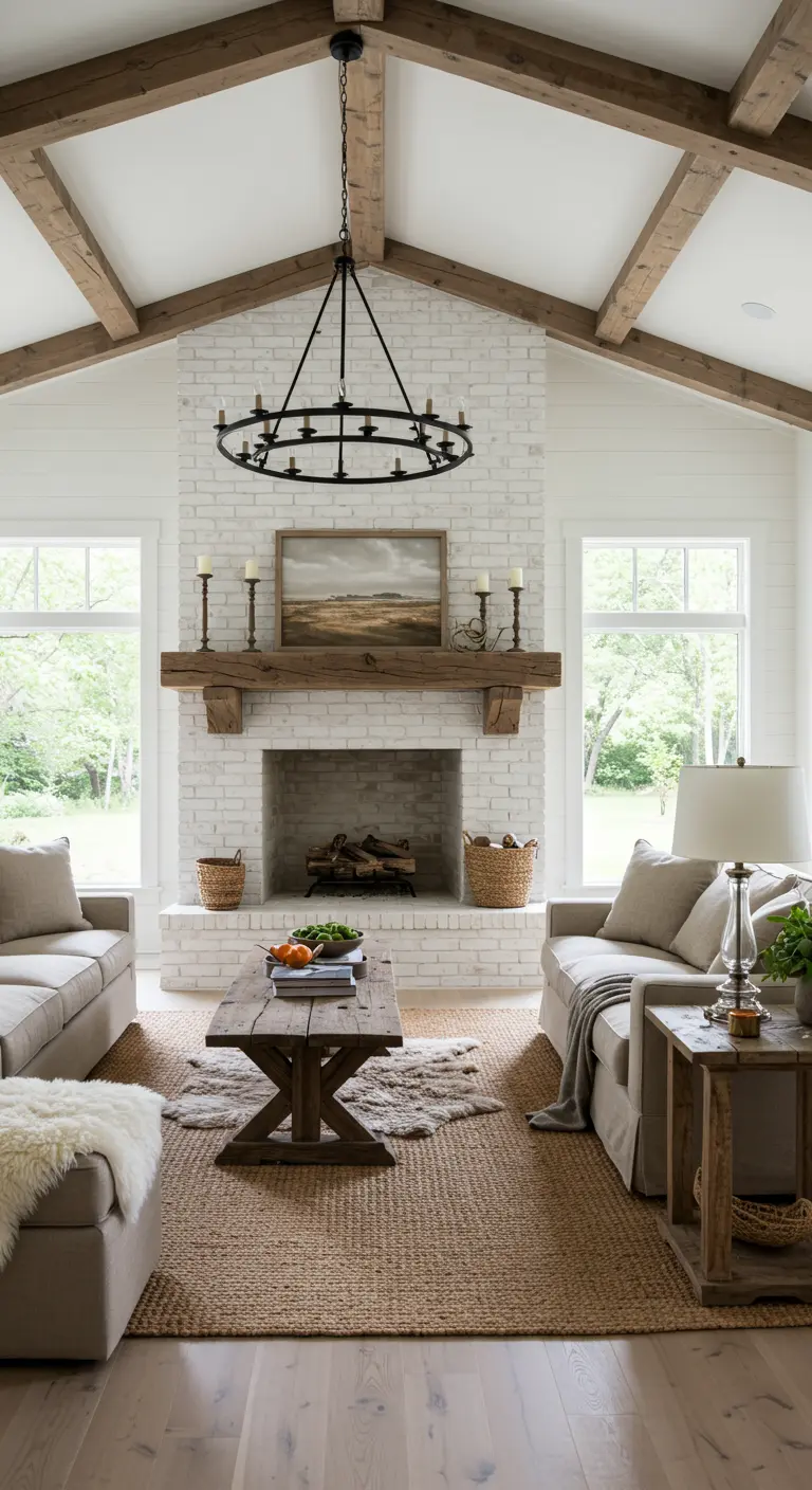 Salon style ferme moderne avec cheminée en briques peintes en blanc et poutres au plafond.