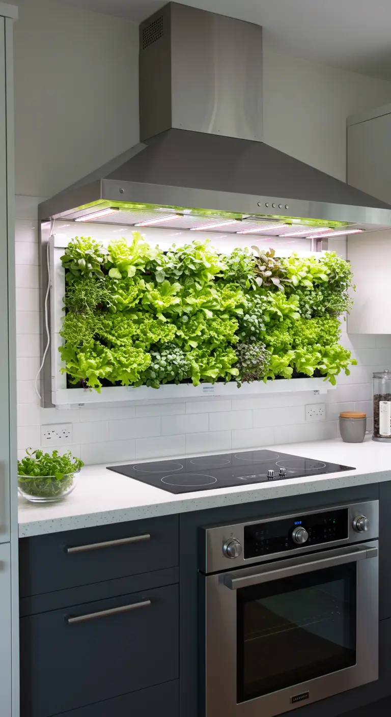 Un système de jardin hydroponique mural avec éclairage intégré, rempli de laitues et d'herbes, dans une cuisine.