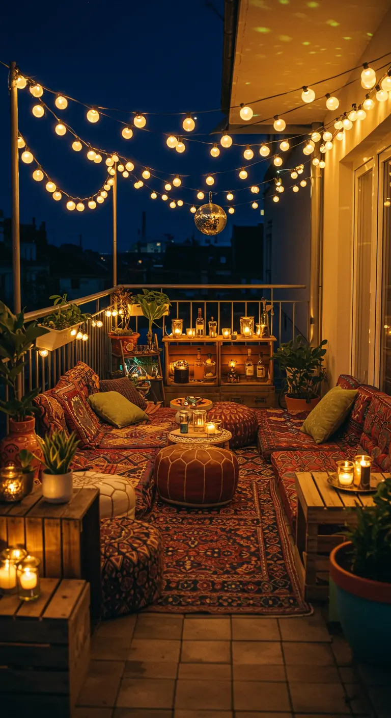 Balcon de fête bohème avec guirlandes lumineuses, boule à facettes, bar et coussins de sol.