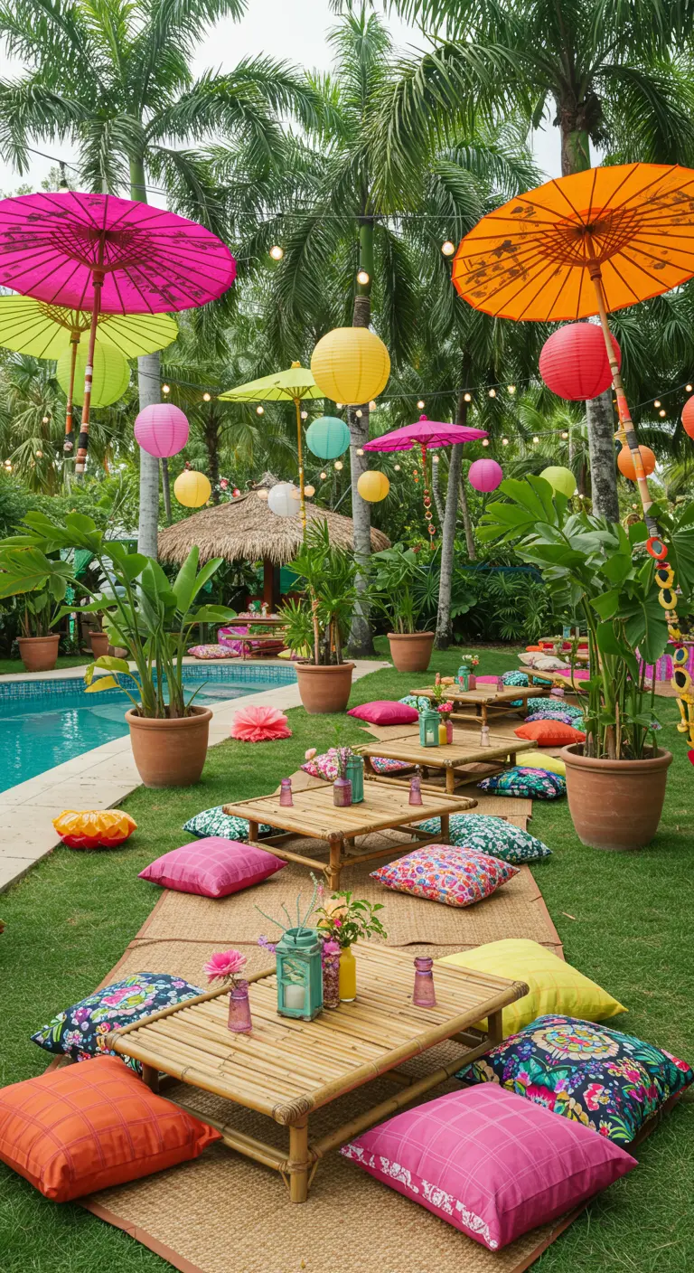 Fête tropicale au bord de la piscine avec ombrées multicolores, tables basses en bambou et coussins fleuris.