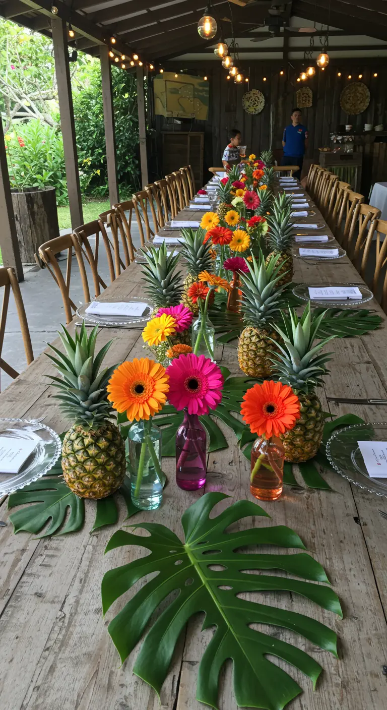 Table en bois rustique décorée d'ananas et de gerberas de toutes les couleurs.