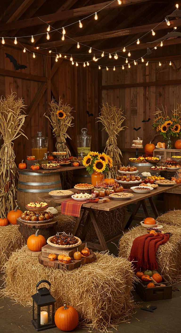 Buffet d'Halloween dans une grange, bottes de foin, guirlandes, tournesols et citrouilles.