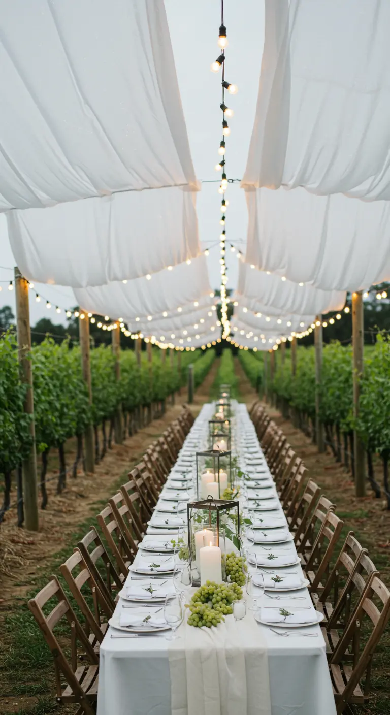 Allée de tentes blanches illuminées avec guirlandes, stand de barbe à papa et invités en blanc.