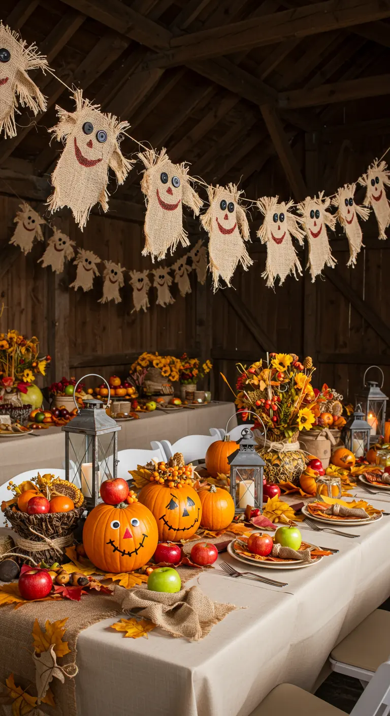 Table de fête d'Halloween rustique dans une grange avec des épouvantails en toile de jute.