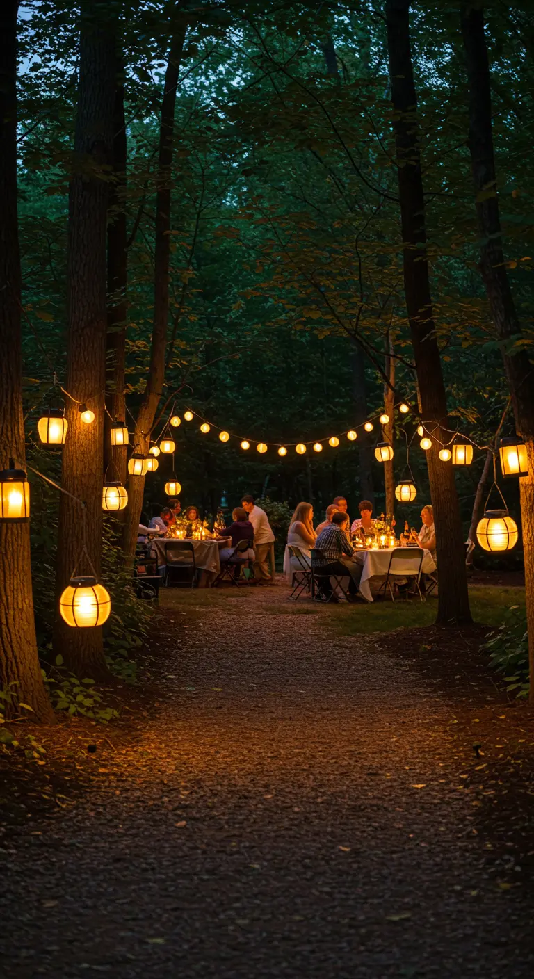 Scène de dîner dans une forêt, avec des guirlandes et des lanternes accrochées aux arbres.