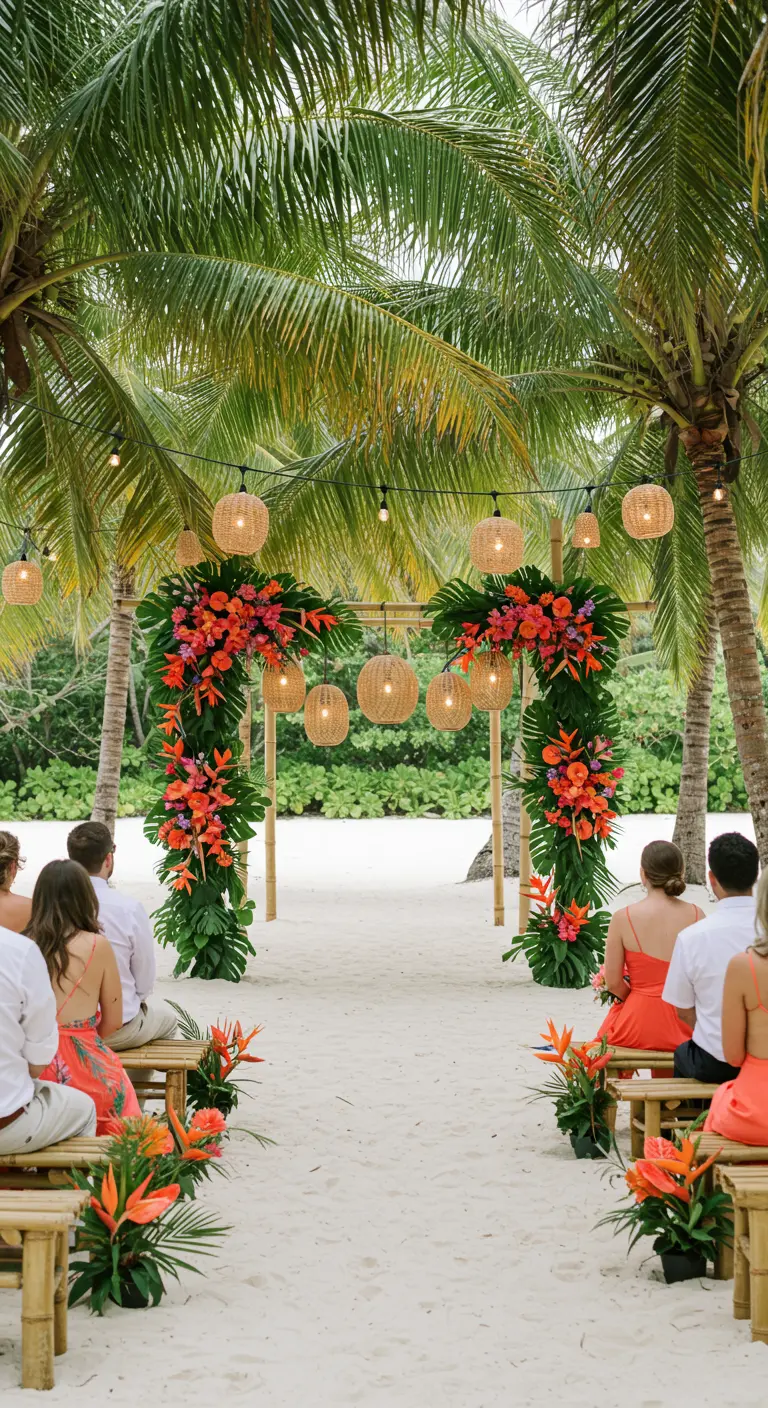 Arche de mariage en bambou sous les palmiers, décorée de fleurs tropicales orange vif.