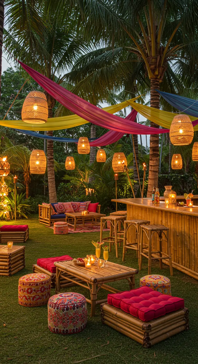 Jardin tropical illuminé avec salons en bambou, coussins colorés, bar en bambou, lampions et tissus suspendus.