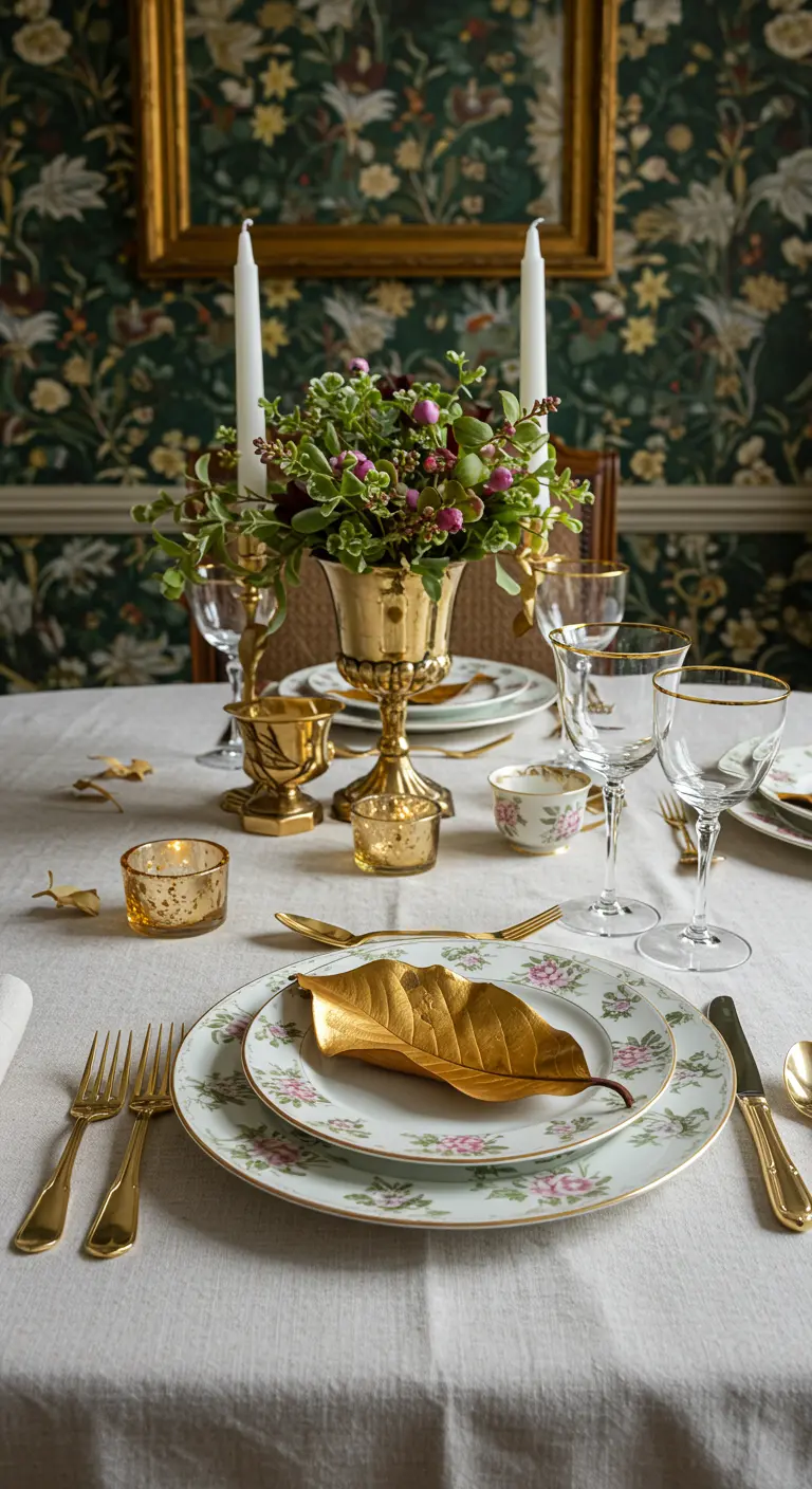 Feuille de magnolia peinte en or, posée sur une assiette à motifs floraux.