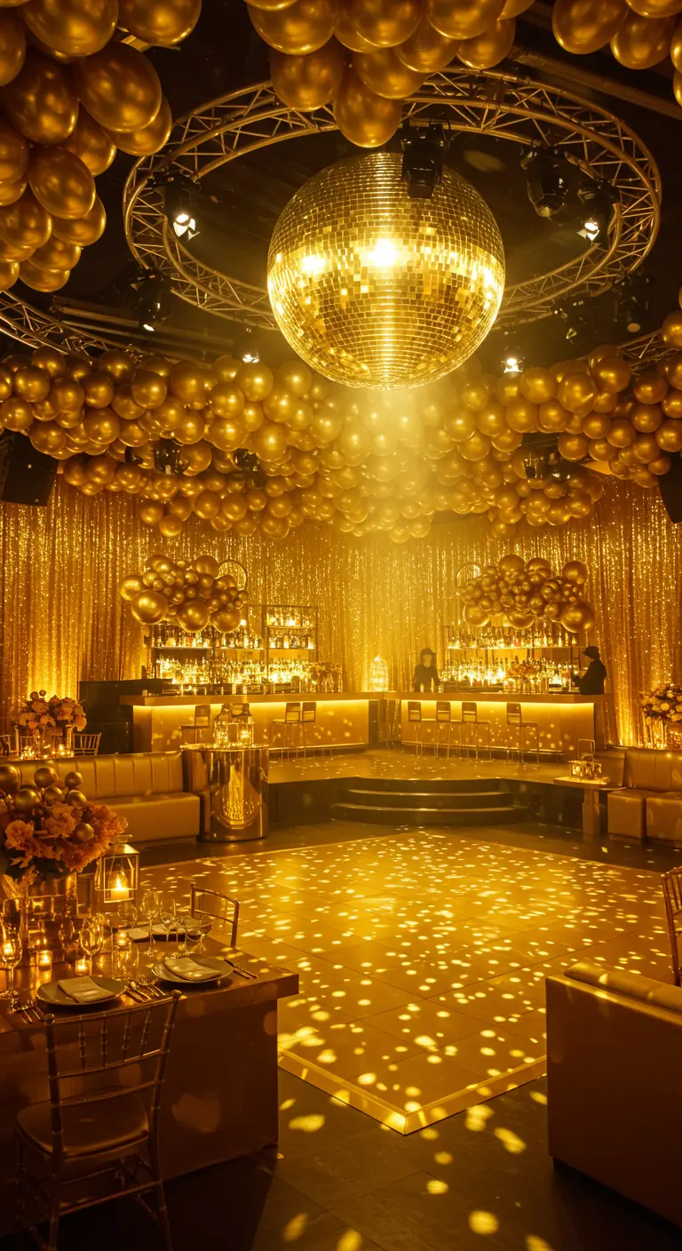 Une salle de fête entièrement dorée avec des ballons, des sequins et une boule disco.