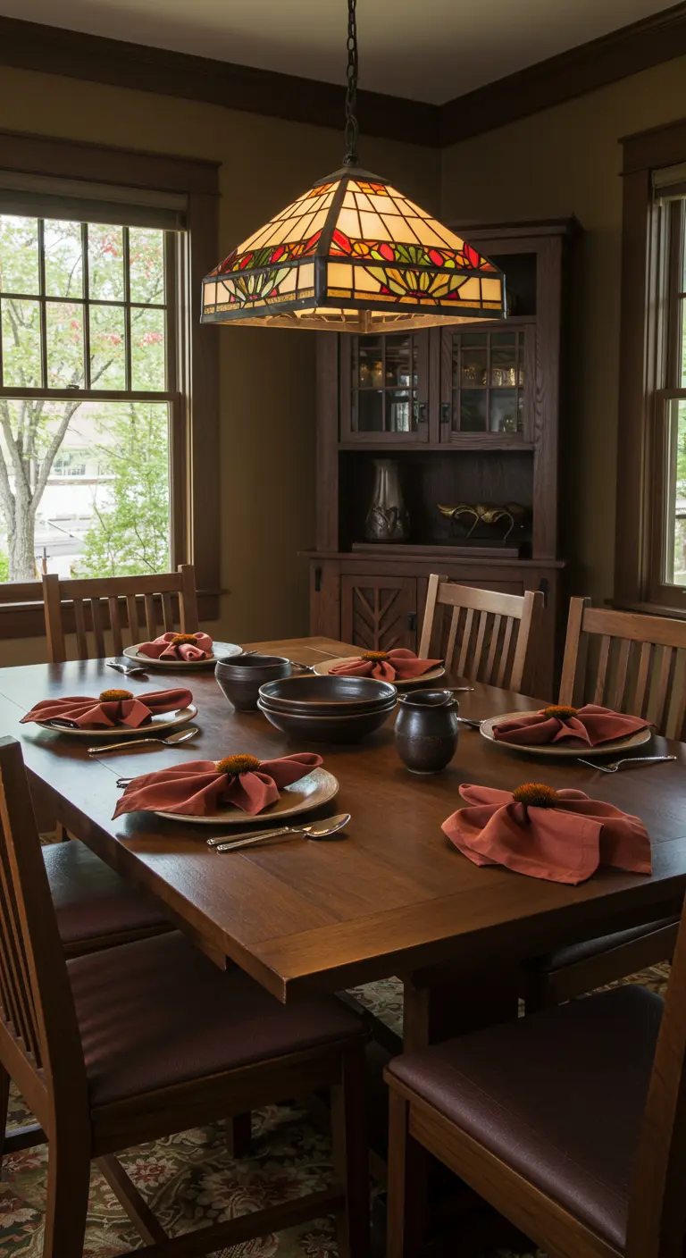 Table en bois de style Arts & Crafts avec des serviettes couleur terre cuite nouées.