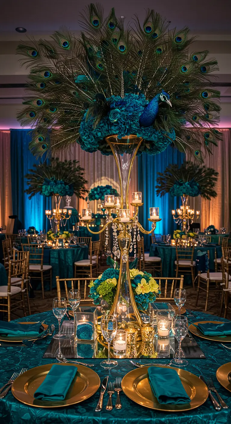 Un centre de table extravagant avec des plumes de paon et des fleurs bleues.