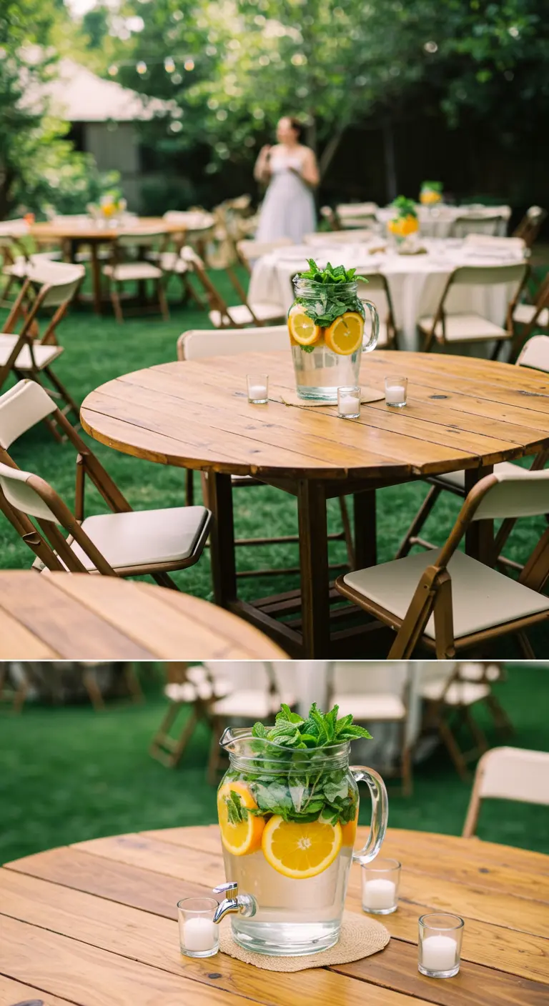 Distributeur de boisson en verre rempli d'eau, d'oranges et de menthe sur une table en bois.