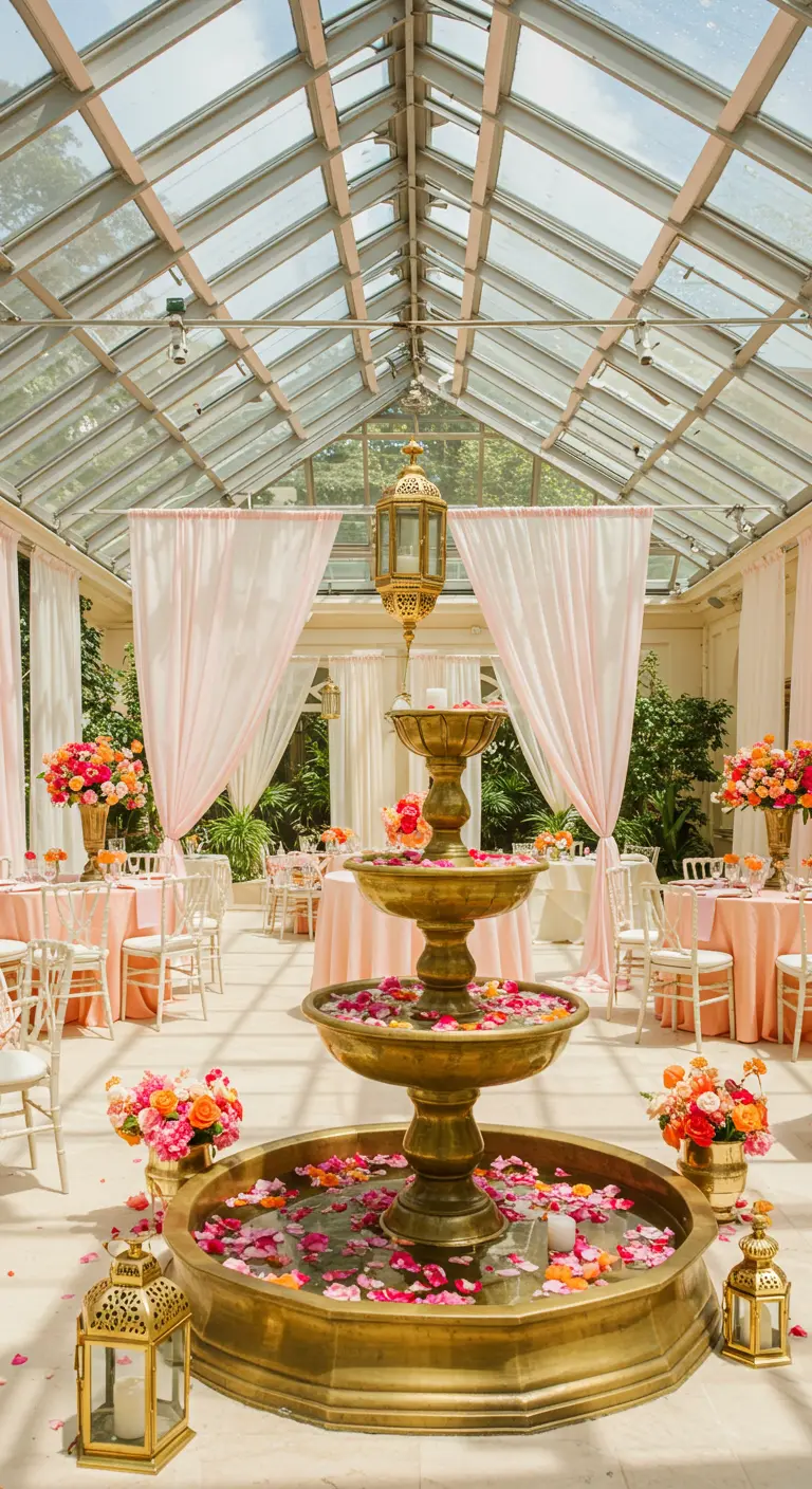Fontaine en laiton dans une serre, remplie de pétales de fleurs roses.