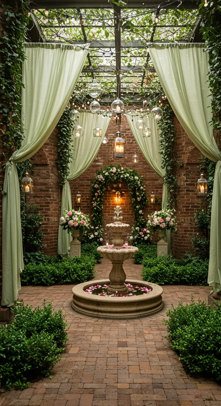 Cour intérieure avec une fontaine remplie de pétales, entourée de verdure et de voilages.