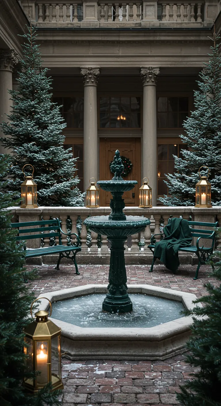 Cour classique avec une fontaine gelée, des bancs et des sapins symétriques.