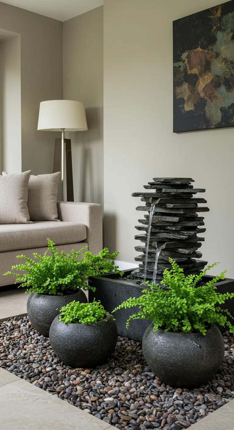 Une petite fontaine en ardoise entourée de fougères luxuriantes dans des pots en pierre sombre.