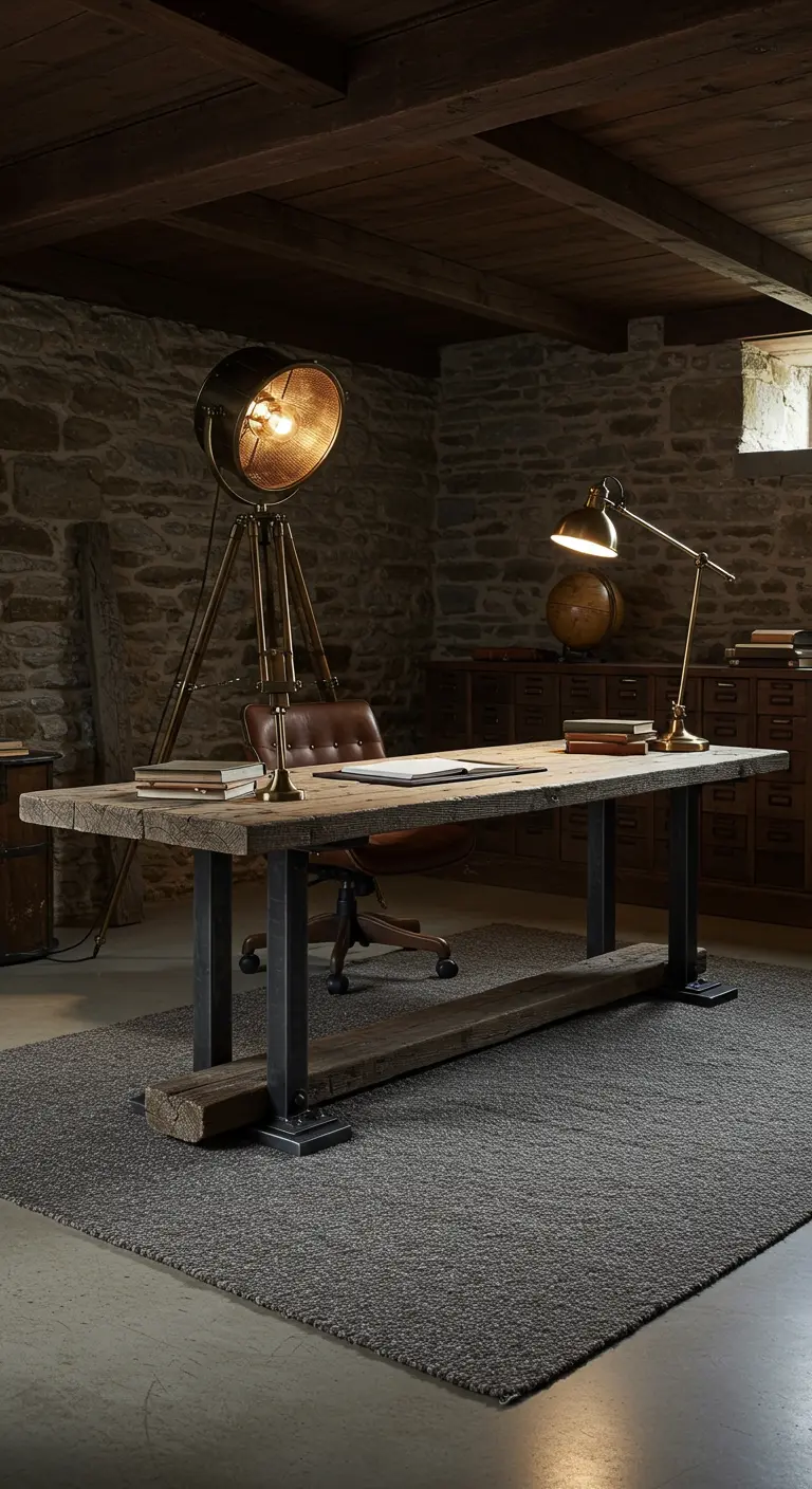Bureau massif en poutre de bois recyclé dans une pièce aux murs de pierre et avec un projecteur de sol.