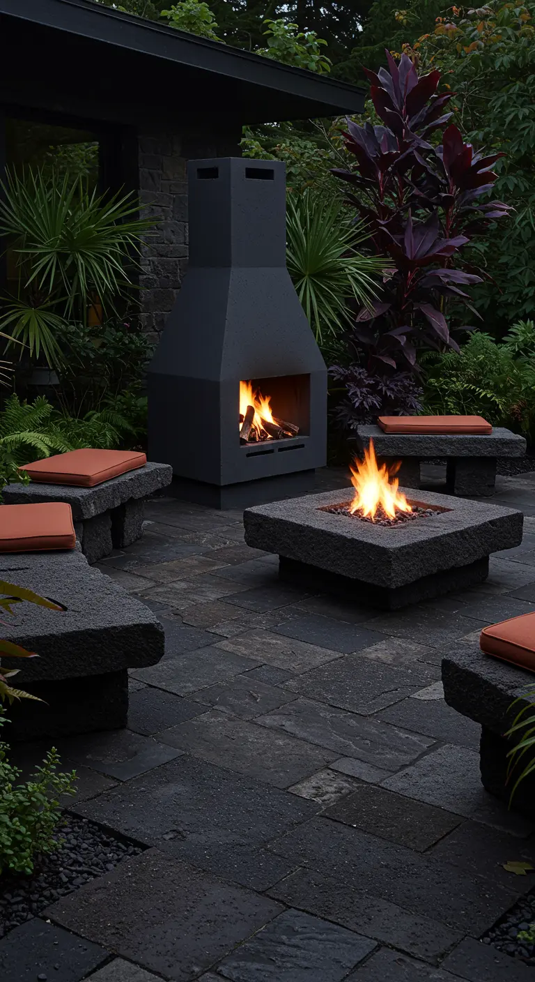 Patio contemporain en pierre foncée avec banquettes et foyer carré, cheminée extérieure, plantes exotiques.