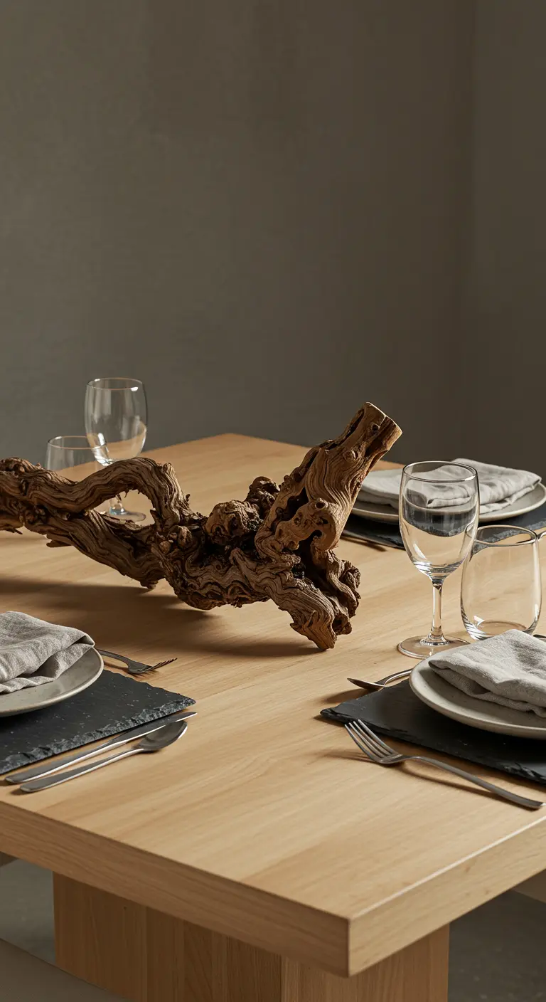 Table en bois avec un grand morceau de bois flotté tortueux comme centre de table.