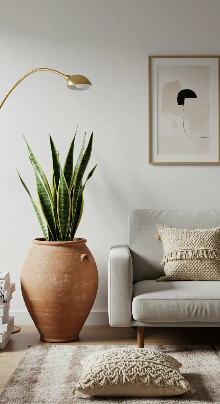 Coin de salon minimaliste avec une grande jarre en terre cuite contenant une sansevière.
