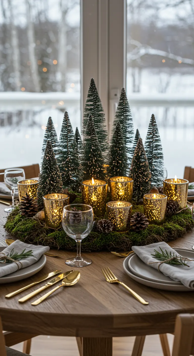 Centre de table rond avec mousse, mini-sapins et photophores dorés scintillants.