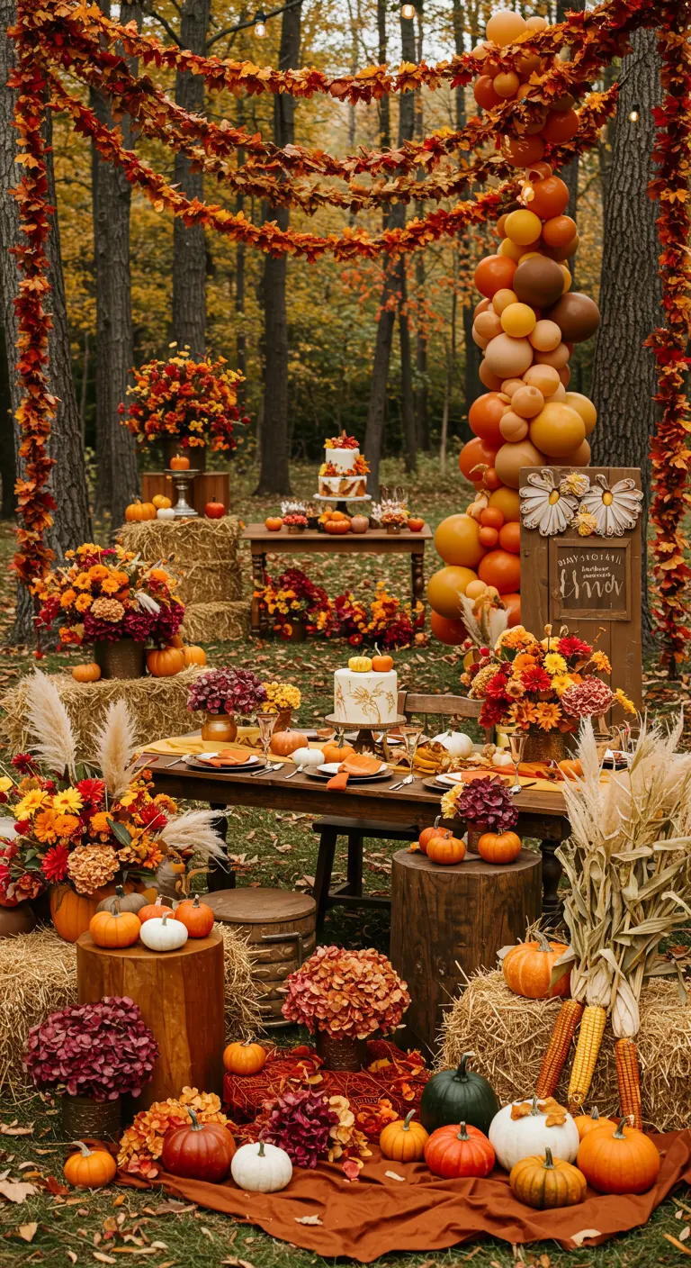 Décor de fête automnal dans les bois avec des bottes de paille, des citrouilles et des ballons orange.