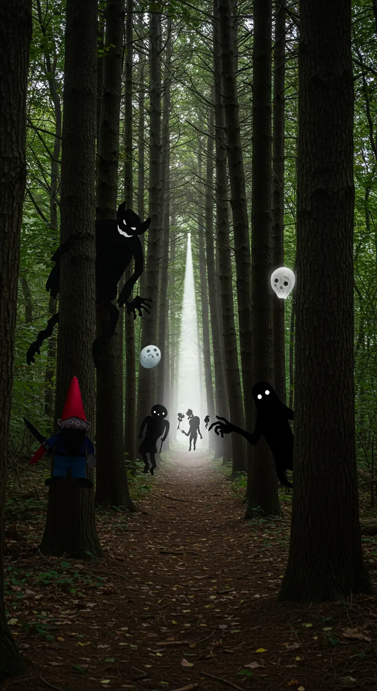 Silhouettes de monstres et de gnomes maléfiques cachés derrière des arbres dans une forêt.