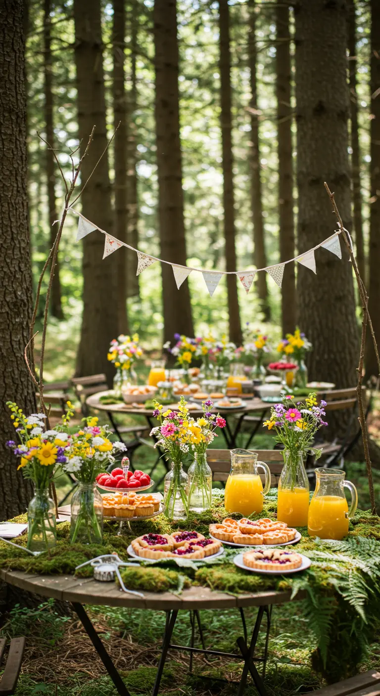 Goûter en forêt avec tables rondes, bouquets de fleurs sauvages, jus de fruits et tartes sous une guirlande de fanions.