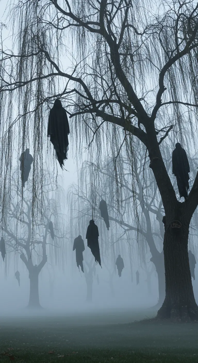 Figures sombres et drapées pendant des branches d'arbres dans une forêt brumeuse.