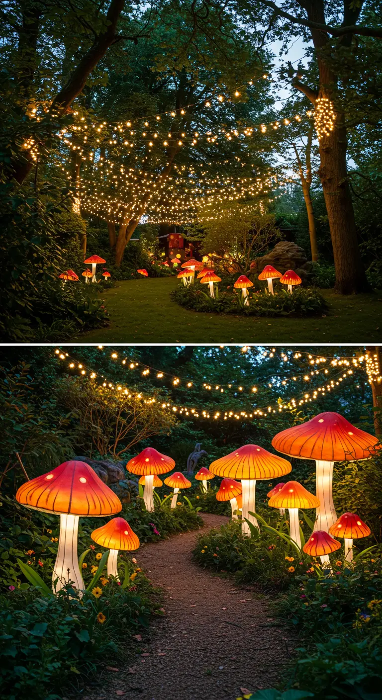 Jardin féerique avec des lampes en forme de champignons géants et des guirlandes lumineuses dans les arbres.