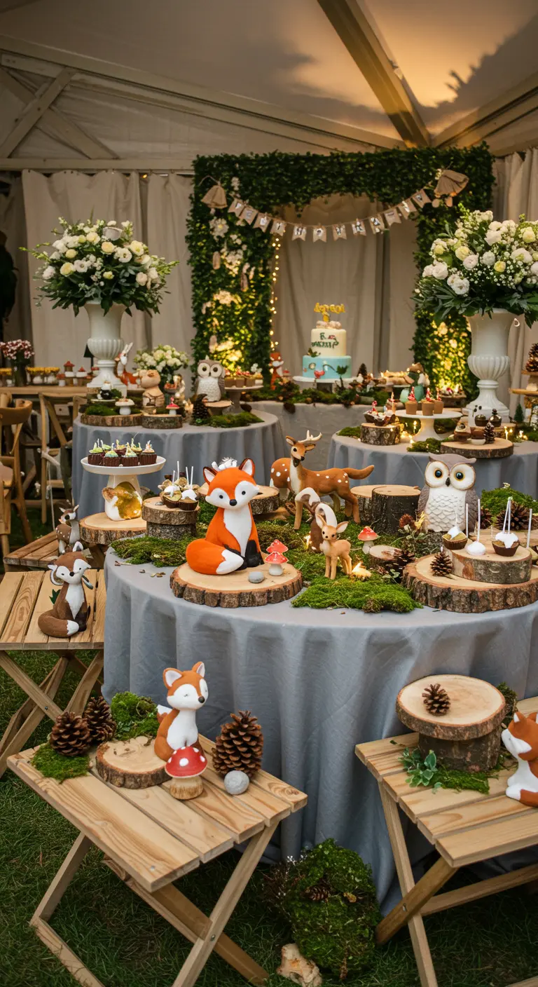 Table de fête forestière avec nappe grise, rondins de bois, mousse et figurines d'animaux.