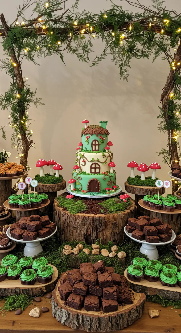 Buffet de desserts sur le thème de la forêt enchantée.