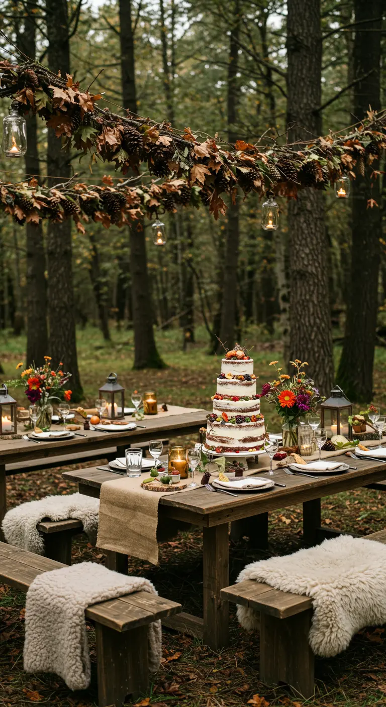 Guirlande naturelle de pommes de pin, branches et lanternes suspendues dans une forêt automnale.
