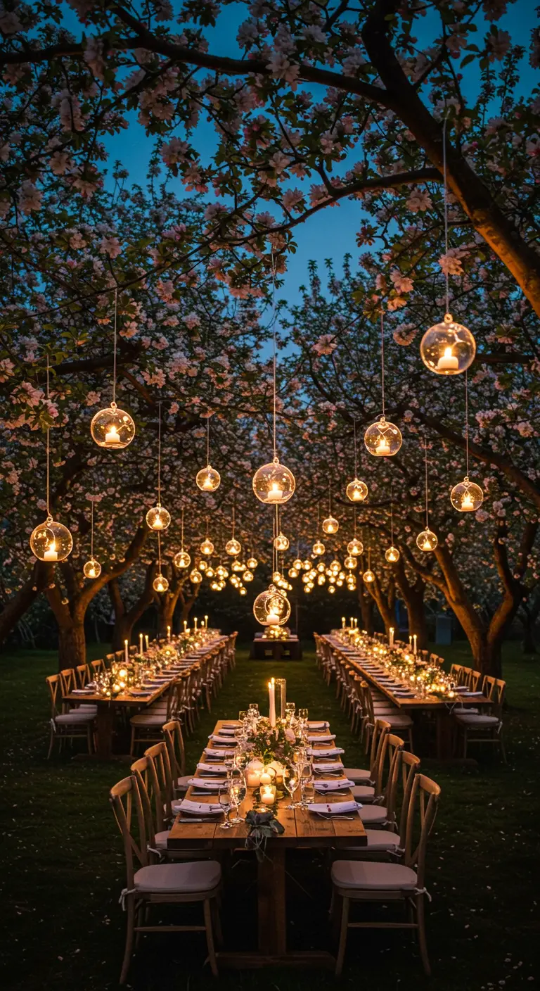 Tables de réception en extérieur sous des arbres en fleurs, avec des boules de verre suspendues.