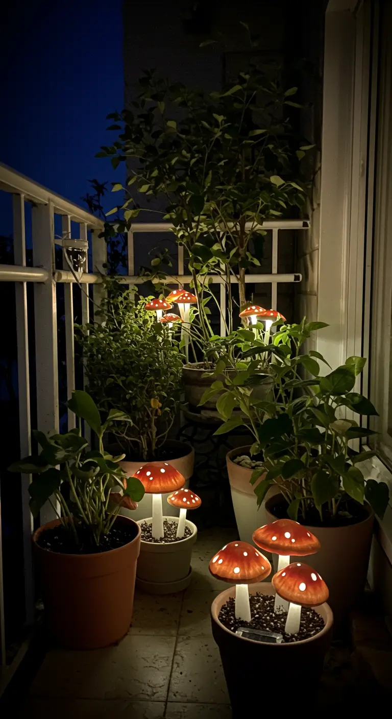 Lampes solaires en forme de champignon rouge et blanc dans des pots de fleurs.