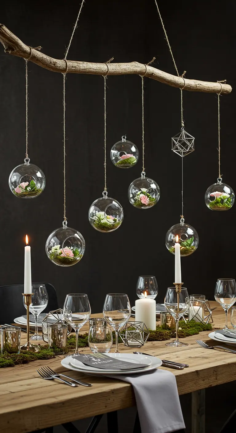 Branche suspendue au-dessus d'une table avec des globes en verre contenant des fleurs.