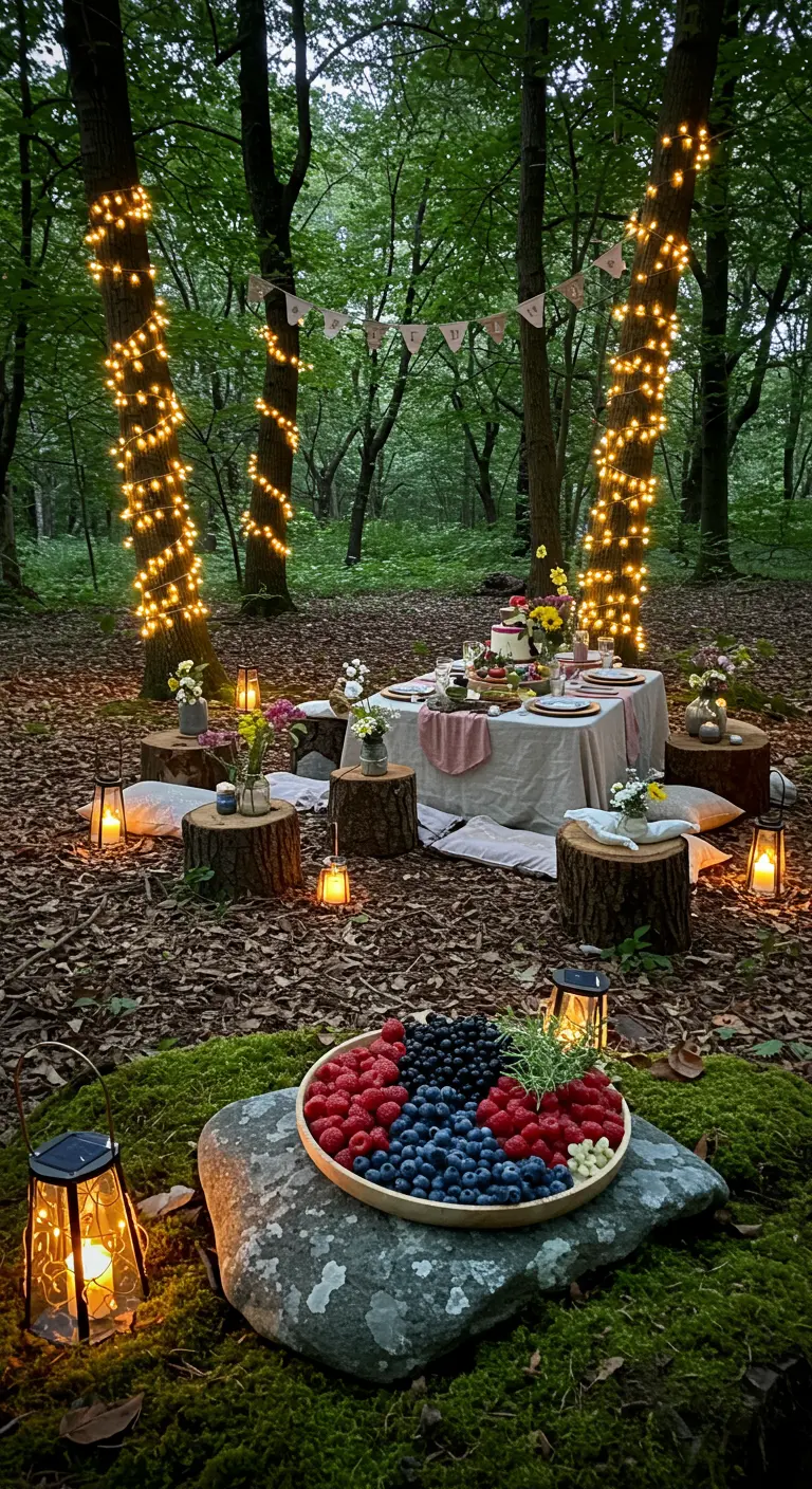 Dîner féerique en forêt avec des bûches en guise de sièges et des guirlandes lumineuses.