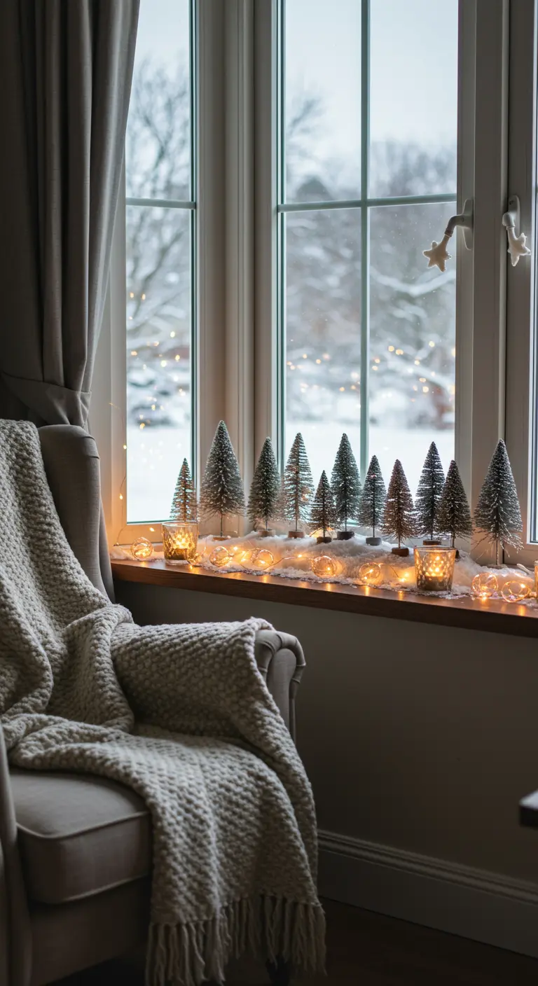 Rebord de fenêtre décoré avec une forêt de mini-sapins enneigés et des lumières.