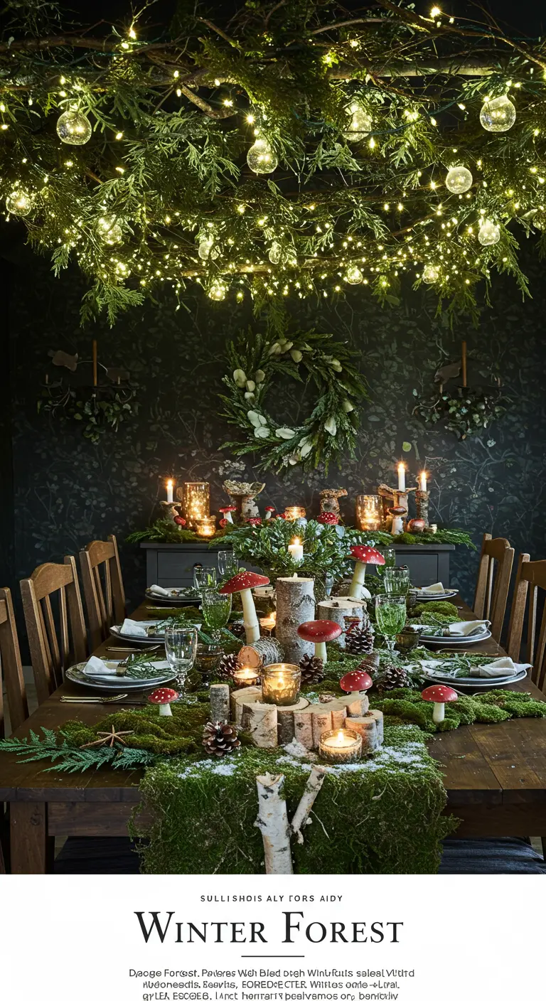 Table de fête sur le thème de la forêt avec un centre de table en mousse et rondins.
