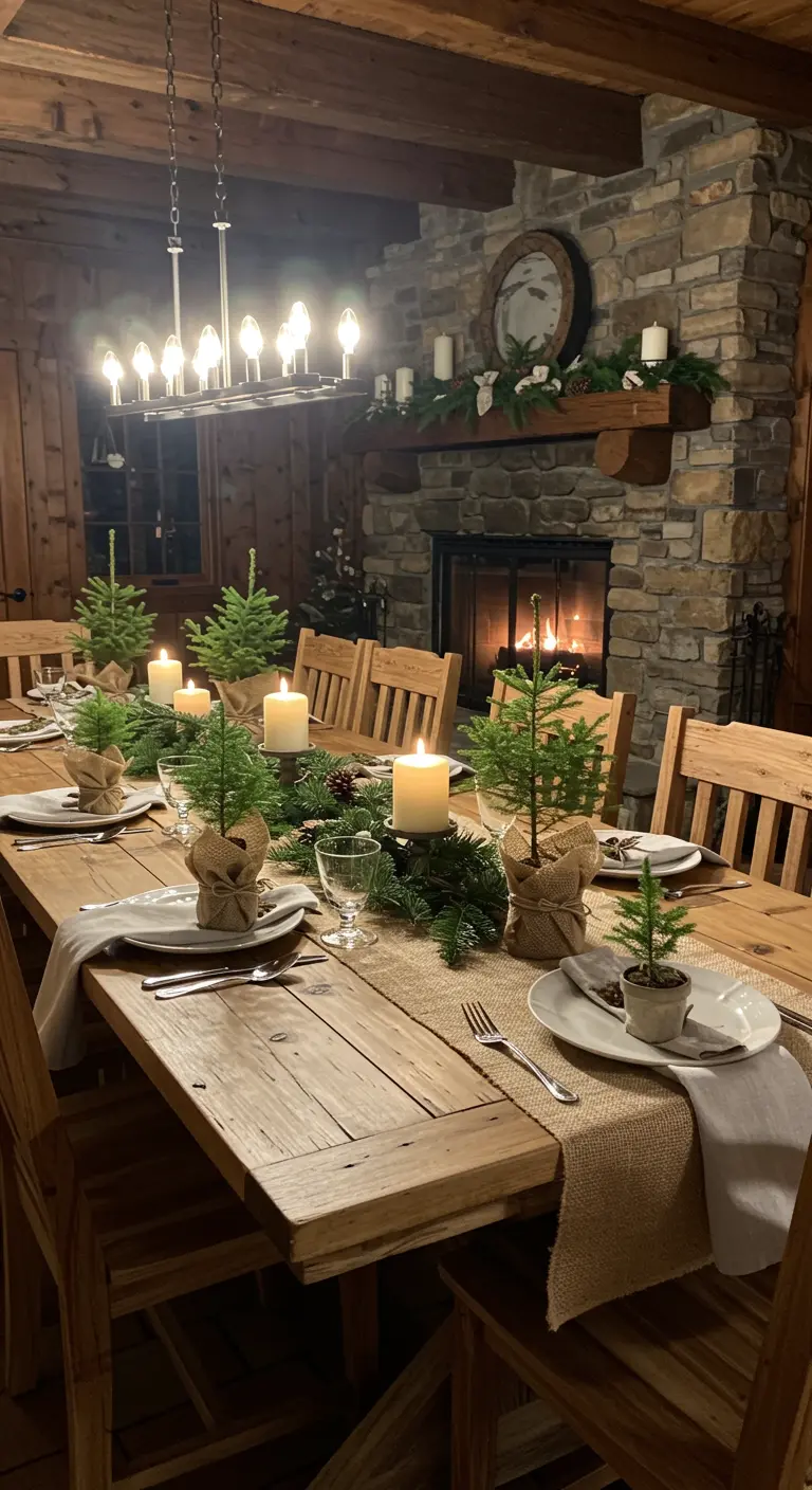 Table de Noël rustique avec de mini-sapins en toile de jute à chaque place.