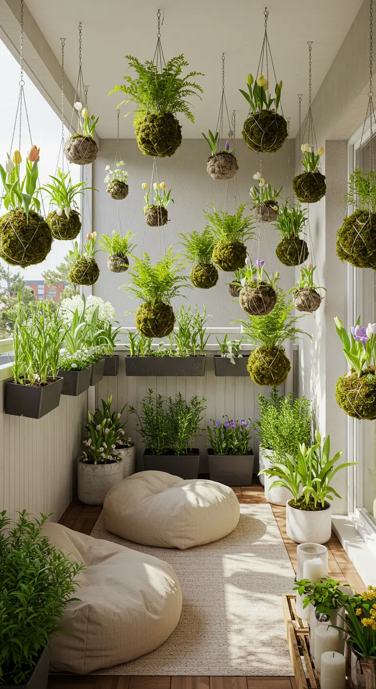 Plafond d'un balcon entièrement couvert de kokedamas et de plantes suspendues.
