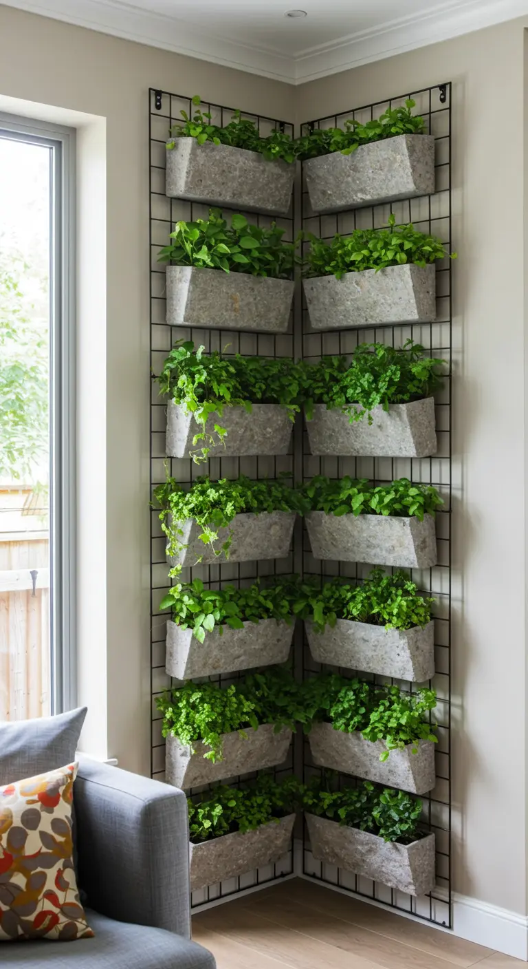 Un jardin vertical d'angle avec des jardinières en pierre sur une grille métallique, remplies de plantes.