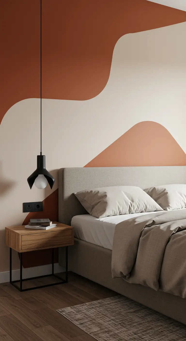 Une forme organique bicolore peinte sur le mur en guise de tête de lit.